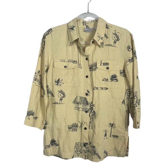 Chico's Size 0 XS Yellow Black Linen Button‎ Up 3/4 Sleeve Villagers Giraffe Top - Picture 1 of 5